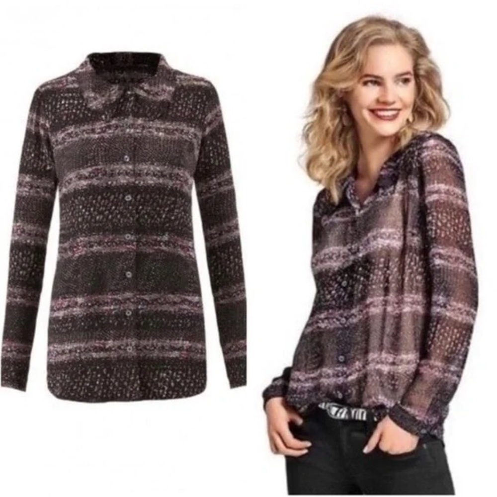 CAbi Paris Blouse Large black stripe print sheer button front shirt top flowy